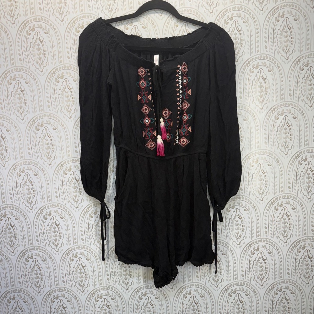 Xhilaration Romper Womens Medium Black Embroidered Boho Off Shoulder Tassel Tie